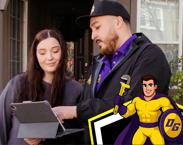 A man in a jacket points at a tablet held by a woman outside a door. A cartoon superhero with a wrench is illustrated in the lower right corner.