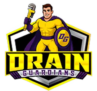 Cartoon superhero in yellow suit holding a wrench and shield with "DG," standing above the text "DRAIN GUARDIANS" on a badge-style logo.