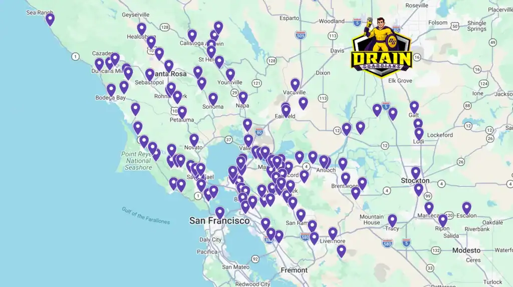 A map of the San Francisco Bay Area displays numerous purple location markers and a Drain Company logo in the upper right corner.